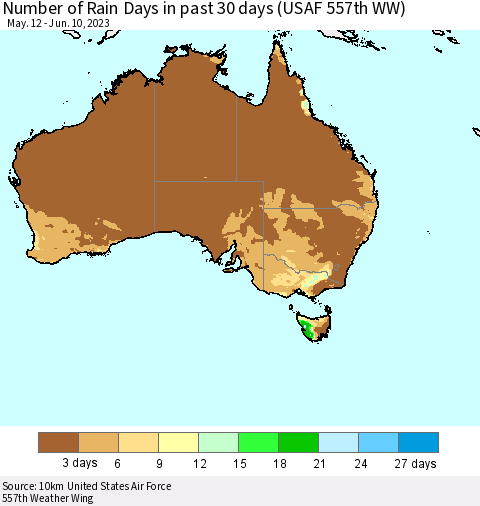 Australia Number of Rain Days in past 30 days (USAF 557th WW) 06/10/2023 Thematic Map For 6/6/2023 - 6/10/2023