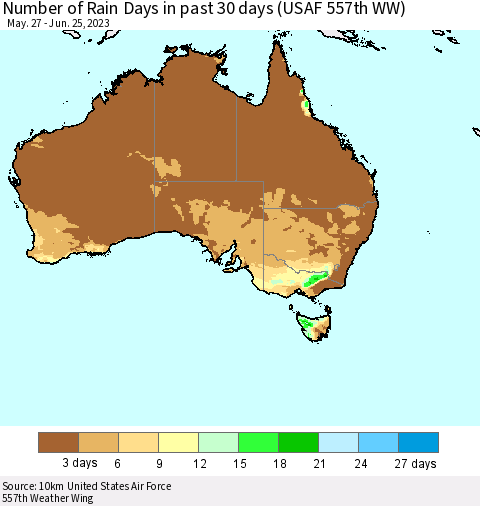Australia Number of Rain Days in past 30 days (USAF 557th WW) 06/25/2023 Thematic Map For 6/21/2023 - 6/25/2023
