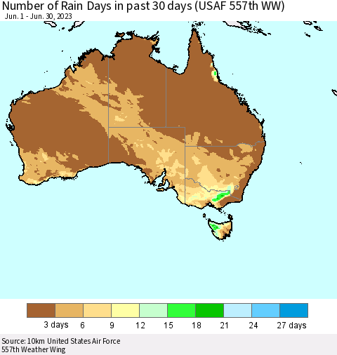 Australia Number of Rain Days in past 30 days (USAF 557th WW) 06/30/2023 Thematic Map For 6/26/2023 - 6/30/2023
