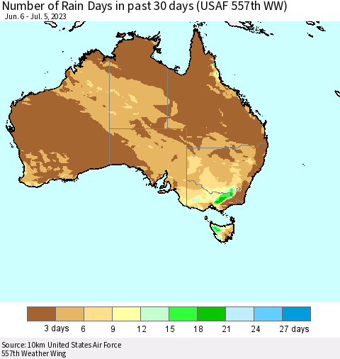 Australia Number of Rain Days in past 30 days (USAF 557th WW) 07/05/2023 Thematic Map For 7/1/2023 - 7/5/2023