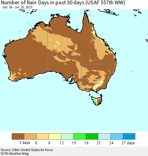 Australia Number of Rain Days in past 30 days (USAF 557th WW) 07/25/2023 Thematic Map For 7/21/2023 - 7/25/2023
