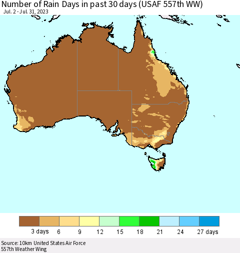 Australia Number of Rain Days in past 30 days (USAF 557th WW) 07/31/2023 Thematic Map For 7/26/2023 - 7/31/2023