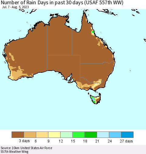 Australia Number of Rain Days in past 30 days (USAF 557th WW) 08/05/2023 Thematic Map For 8/1/2023 - 8/5/2023