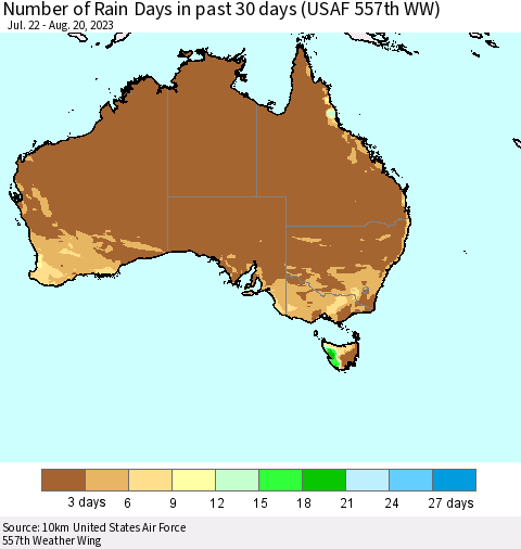 Australia Number of Rain Days in past 30 days (USAF 557th WW) 08/20/2023 Thematic Map For 8/16/2023 - 8/20/2023