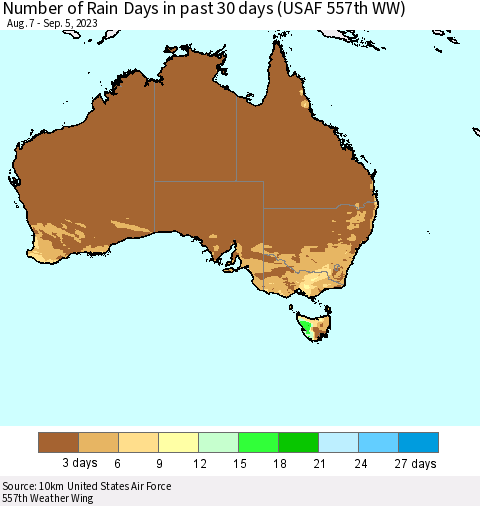 Australia Number of Rain Days in past 30 days (USAF 557th WW) 09/05/2023 Thematic Map For 9/1/2023 - 9/5/2023