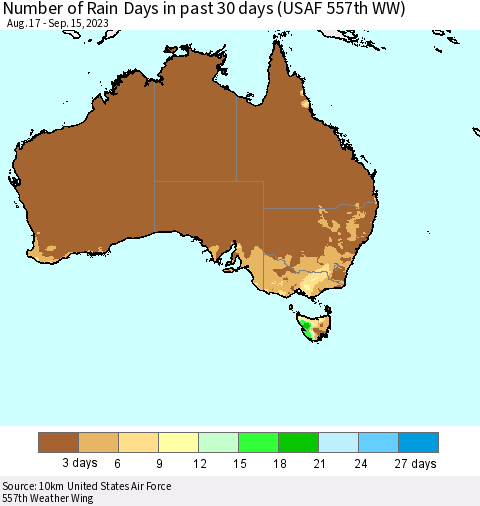 Australia Number of Rain Days in past 30 days (USAF 557th WW) 09/15/2023 Thematic Map For 9/11/2023 - 9/15/2023