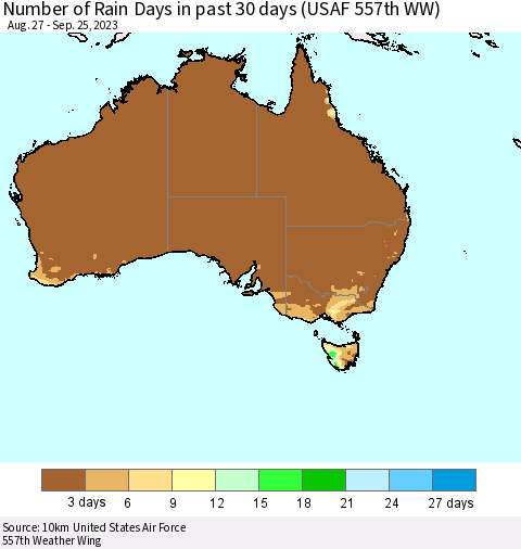 Australia Number of Rain Days in past 30 days (USAF 557th WW) 09/25/2023 Thematic Map For 9/21/2023 - 9/25/2023