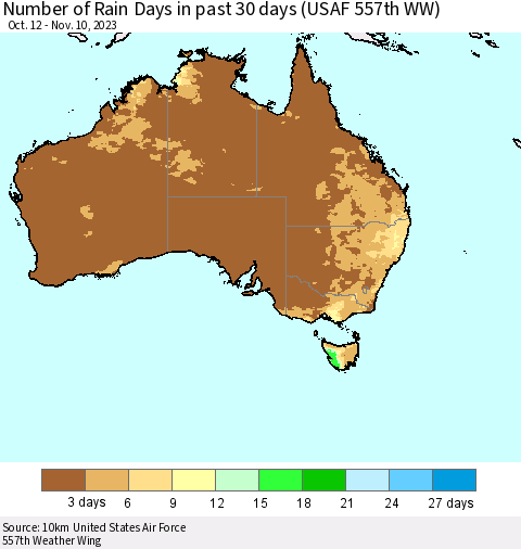 Australia Number of Rain Days in past 30 days (USAF 557th WW) 11/10/2023 Thematic Map For 11/6/2023 - 11/10/2023