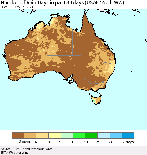 Australia Number of Rain Days in past 30 days (USAF 557th WW) 11/15/2023 Thematic Map For 11/11/2023 - 11/15/2023