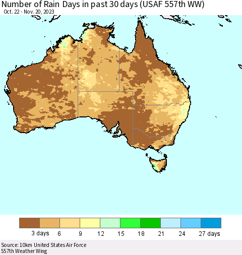 Australia Number of Rain Days in past 30 days (USAF 557th WW) 11/20/2023 Thematic Map For 11/16/2023 - 11/20/2023