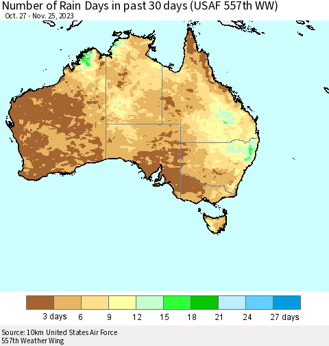 Australia Number of Rain Days in past 30 days (USAF 557th WW) 11/25/2023 Thematic Map For 11/21/2023 - 11/25/2023