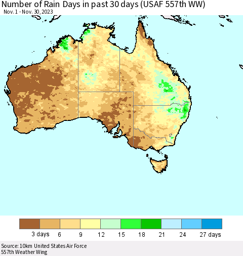 Australia Number of Rain Days in past 30 days (USAF 557th WW) 11/30/2023 Thematic Map For 11/26/2023 - 11/30/2023