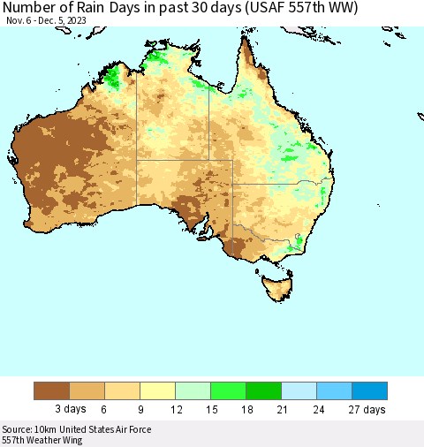 Australia Number of Rain Days in past 30 days (USAF 557th WW) 12/05/2023 Thematic Map For 12/1/2023 - 12/5/2023