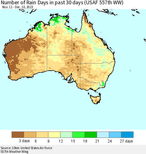 Australia Number of Rain Days in past 30 days (USAF 557th WW) 12/10/2023 Thematic Map For 12/6/2023 - 12/10/2023