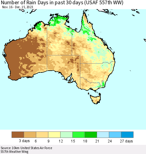 Australia Number of Rain Days in past 30 days (USAF 557th WW) 12/15/2023 Thematic Map For 12/11/2023 - 12/15/2023