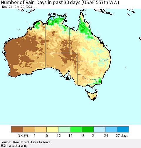 Australia Number of Rain Days in past 30 days (USAF 557th WW) 12/20/2023 Thematic Map For 12/16/2023 - 12/20/2023