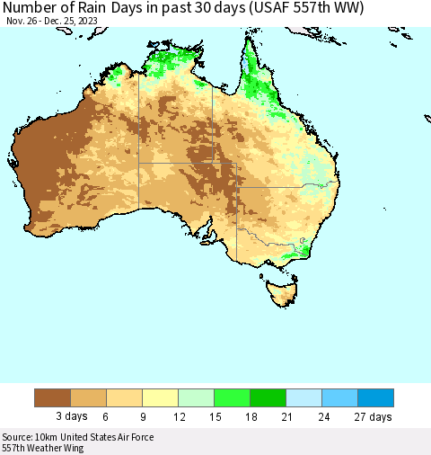 Australia Number of Rain Days in past 30 days (USAF 557th WW) 12/25/2023 Thematic Map For 12/21/2023 - 12/25/2023