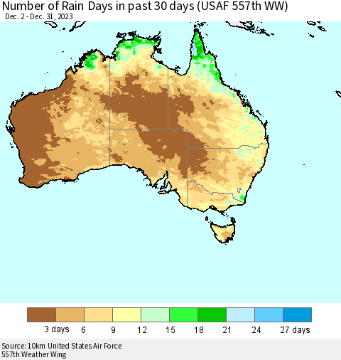 Australia Number of Rain Days in past 30 days (USAF 557th WW) 12/31/2023 Thematic Map For 12/26/2023 - 12/31/2023