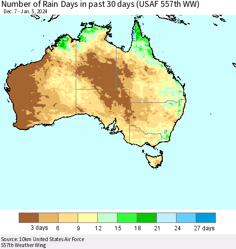 Australia Number of Rain Days in past 30 days (USAF 557th WW) 01/05/2024 Thematic Map For 1/1/2024 - 1/5/2024