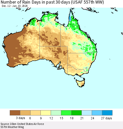 Australia Number of Rain Days in past 30 days (USAF 557th WW) 01/10/2024 Thematic Map For 1/6/2024 - 1/10/2024
