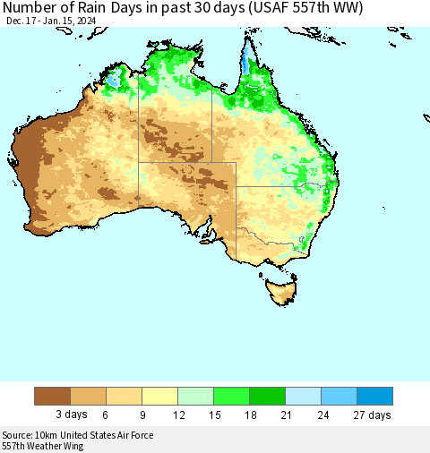 Australia Number of Rain Days in past 30 days (USAF 557th WW) 01/15/2024 Thematic Map For 1/11/2024 - 1/15/2024