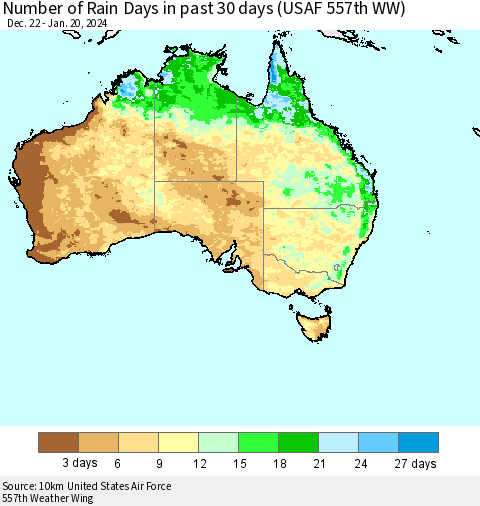 Australia Number of Rain Days in past 30 days (USAF 557th WW) 01/20/2024 Thematic Map For 1/16/2024 - 1/20/2024