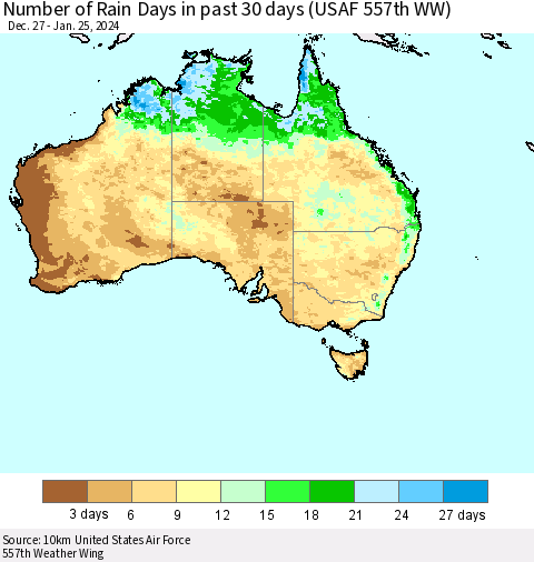 Australia Number of Rain Days in past 30 days (USAF 557th WW) 01/25/2024 Thematic Map For 1/21/2024 - 1/25/2024