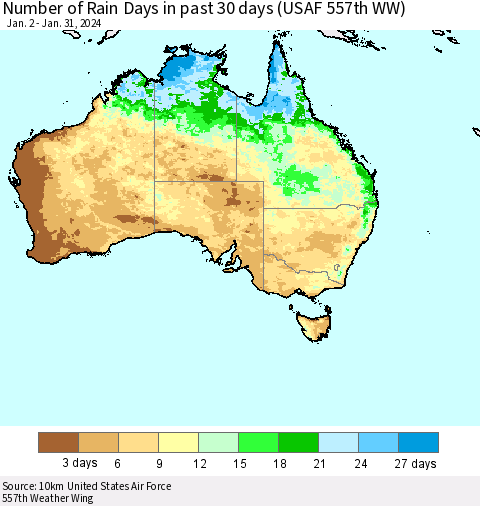 Australia Number of Rain Days in past 30 days (USAF 557th WW) 01/31/2024 Thematic Map For 1/26/2024 - 1/31/2024
