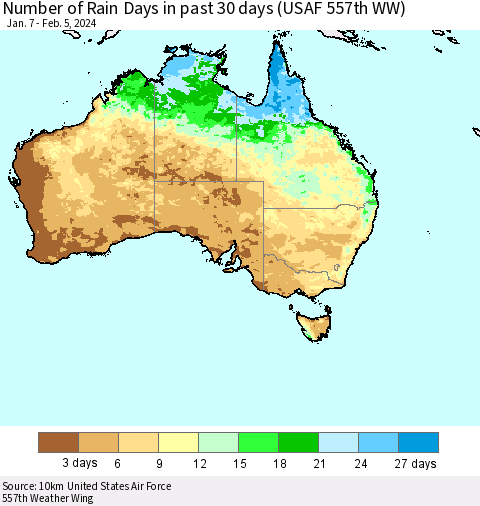 Australia Number of Rain Days in past 30 days (USAF 557th WW) 02/05/2024 Thematic Map For 2/1/2024 - 2/5/2024