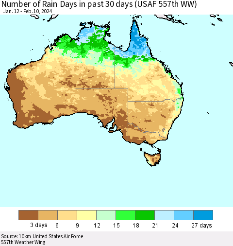 Australia Number of Rain Days in past 30 days (USAF 557th WW) 02/10/2024 Thematic Map For 2/6/2024 - 2/10/2024