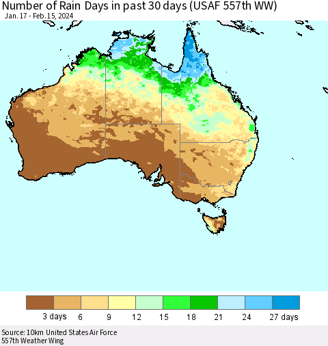 Australia Number of Rain Days in past 30 days (USAF 557th WW) 02/15/2024 Thematic Map For 2/11/2024 - 2/15/2024