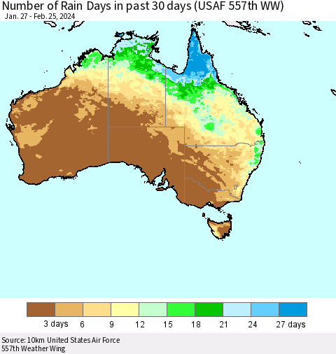 Australia Number of Rain Days in past 30 days (USAF 557th WW) 02/25/2024 Thematic Map For 2/21/2024 - 2/25/2024