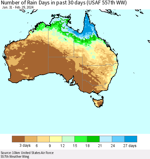 Australia Number of Rain Days in past 30 days (USAF 557th WW) 02/29/2024 Thematic Map For 2/26/2024 - 2/29/2024