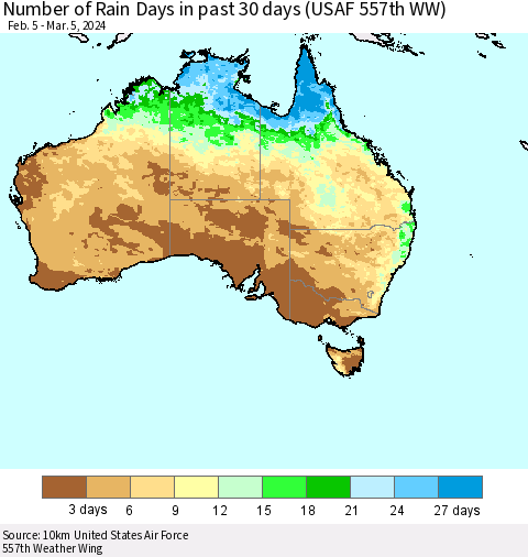 Australia Number of Rain Days in past 30 days (USAF 557th WW) 03/05/2024 Thematic Map For 3/1/2024 - 3/5/2024