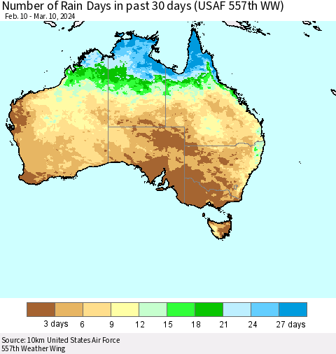 Australia Number of Rain Days in past 30 days (USAF 557th WW) 03/10/2024 Thematic Map For 3/6/2024 - 3/10/2024