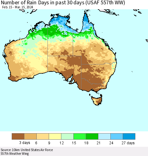 Australia Number of Rain Days in past 30 days (USAF 557th WW) 03/15/2024 Thematic Map For 3/11/2024 - 3/15/2024