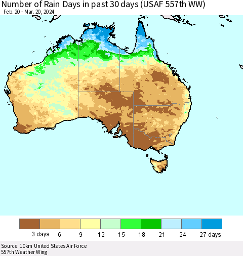 Australia Number of Rain Days in past 30 days (USAF 557th WW) 03/20/2024 Thematic Map For 3/16/2024 - 3/20/2024