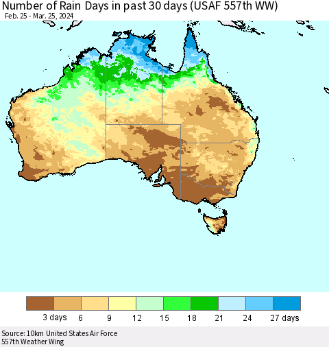 Australia Number of Rain Days in past 30 days (USAF 557th WW) 03/25/2024 Thematic Map For 3/21/2024 - 3/25/2024