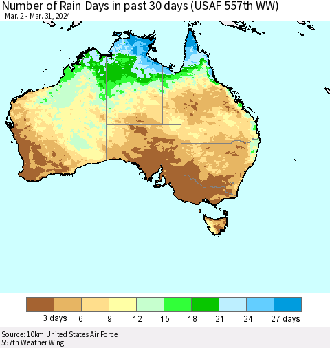 Australia Number of Rain Days in past 30 days (USAF 557th WW) 03/31/2024 Thematic Map For 3/26/2024 - 3/31/2024