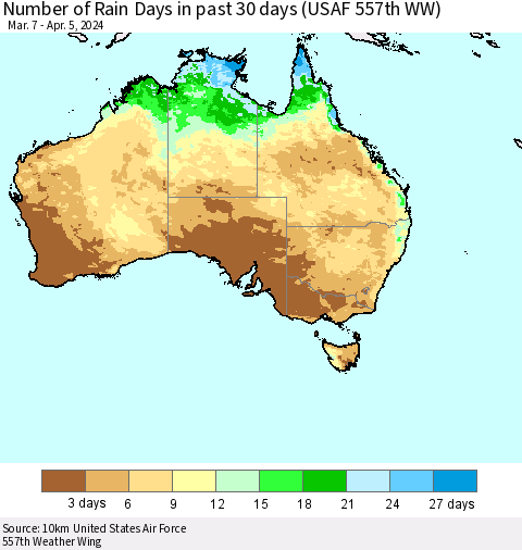 Australia Number of Rain Days in past 30 days (USAF 557th WW) 04/05/2024 Thematic Map For 4/1/2024 - 4/5/2024