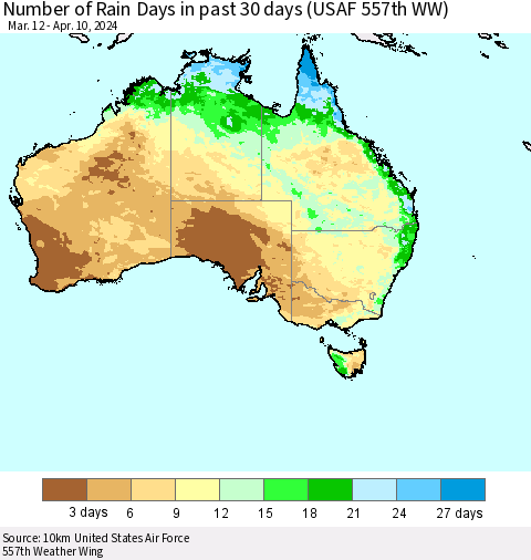 Australia Number of Rain Days in past 30 days (USAF 557th WW) 04/10/2024 Thematic Map For 4/6/2024 - 4/10/2024