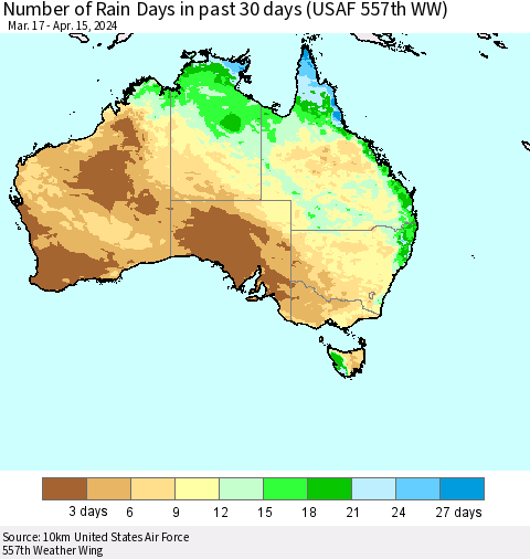 Australia Number of Rain Days in past 30 days (USAF 557th WW) 04/15/2024 Thematic Map For 4/11/2024 - 4/15/2024