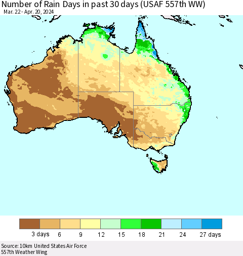 Australia Number of Rain Days in past 30 days (USAF 557th WW) 04/20/2024 Thematic Map For 4/16/2024 - 4/20/2024