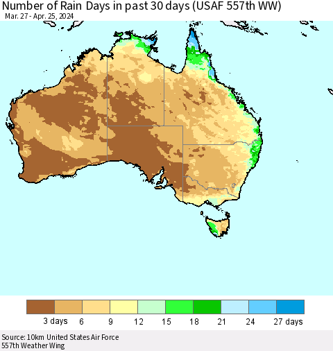 Australia Number of Rain Days in past 30 days (USAF 557th WW) 04/25/2024 Thematic Map For 4/21/2024 - 4/25/2024