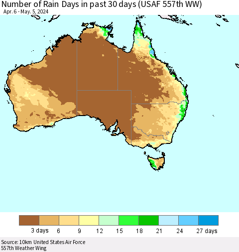 Australia Number of Rain Days in past 30 days (USAF 557th WW) 05/05/2024 Thematic Map For 5/1/2024 - 5/5/2024