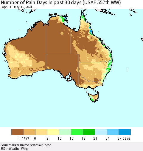 Australia Number of Rain Days in past 30 days (USAF 557th WW) 05/10/2024 Thematic Map For 5/6/2024 - 5/10/2024