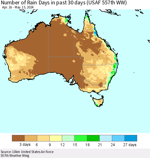 Australia Number of Rain Days in past 30 days (USAF 557th WW) 05/15/2024 Thematic Map For 5/11/2024 - 5/15/2024