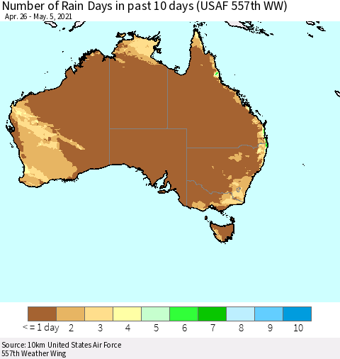 Australia Number of Rain Days in past 10 days (USAF 557th WW) Thematic Map For 5/1/2021 - 5/5/2021
