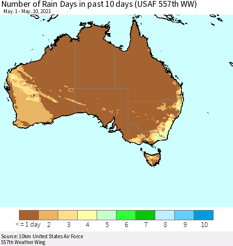 Australia Number of Rain Days in past 10 days (USAF 557th WW) Thematic Map For 5/6/2021 - 5/10/2021