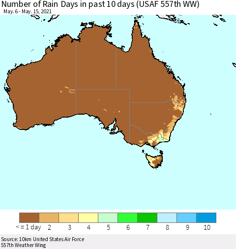 Australia Number of Rain Days in past 10 days (USAF 557th WW) Thematic Map For 5/11/2021 - 5/15/2021